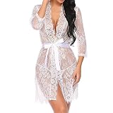BOLUOBAO Peignoir Femme Court Dentelle Transparente Lingerie Sexy Erotique Robe De Chambre Femmes Fermeture Fantaisie Ensemble Pyjama (S, Blanc)
