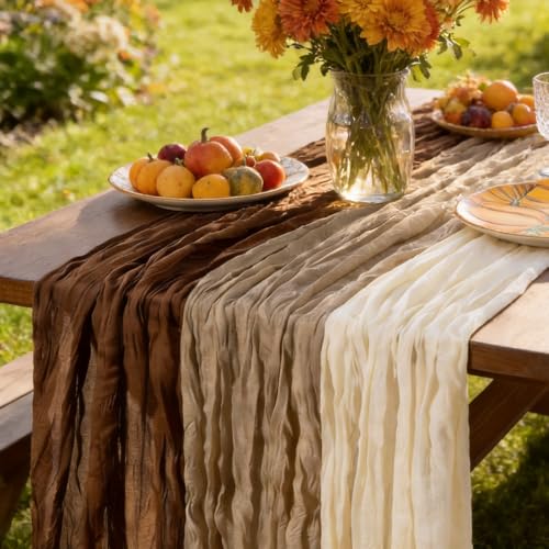 Image of Cheesecloth Table Runner Fall Boho 3pcs Mix and Match Wedding Decor | Brown Nude Beige Rustic Gauze 10FT Cheese Cloth Sheer Farmhouse Runner for Wedding Party Baby Shower Holiday Decorations