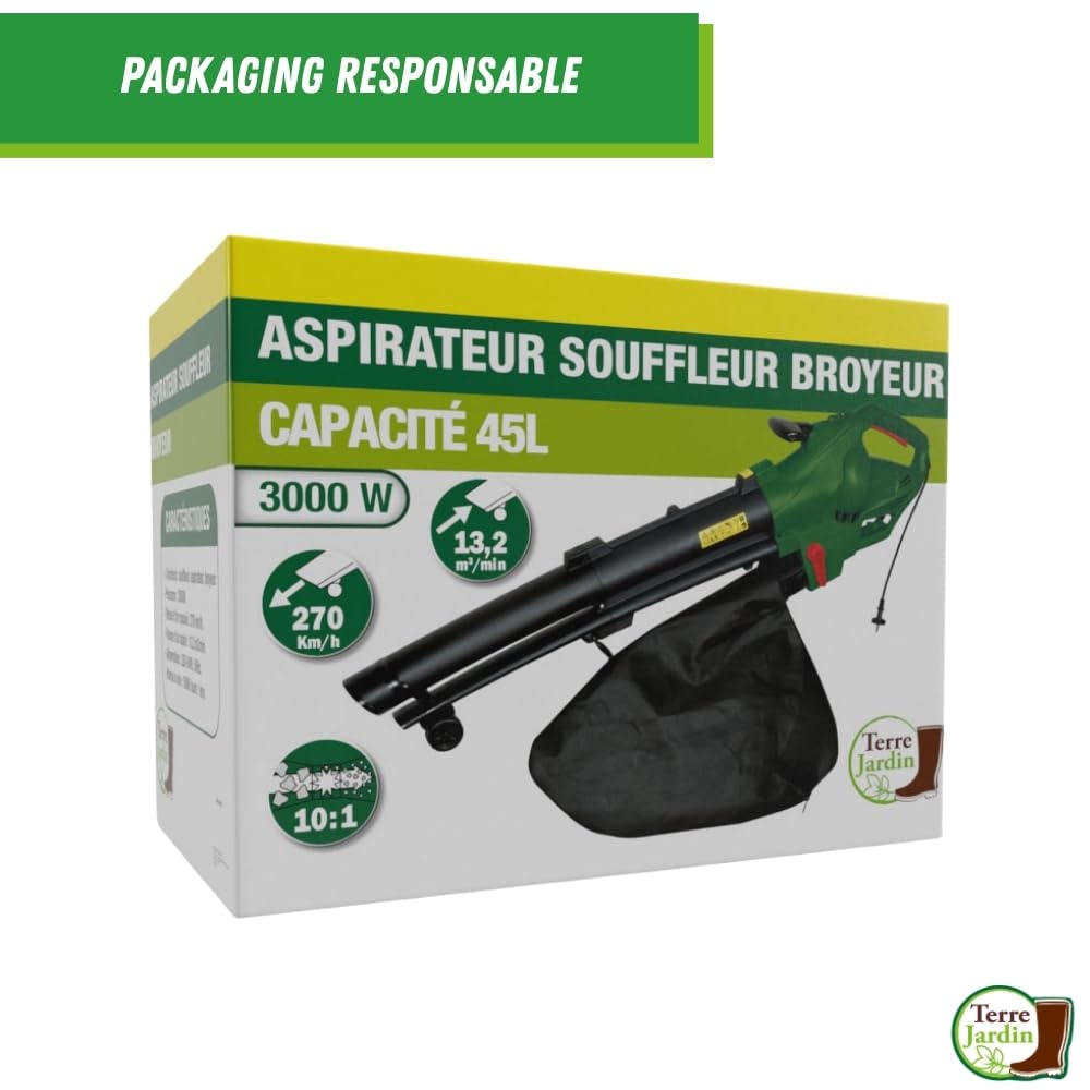 Aspirateur Souffleur Broyeur Électrique 3 en 1 3000 W 270 km/h Sac 45 L