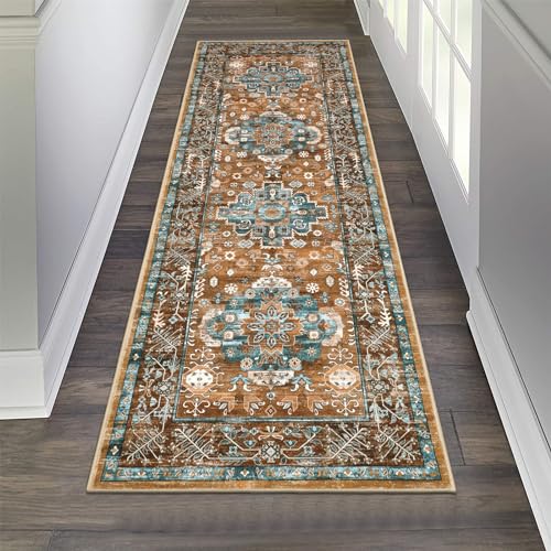 Pauwer Hallway Runner Rug 2x6, Washable Kitchen Runner, Vintage Rust Teal