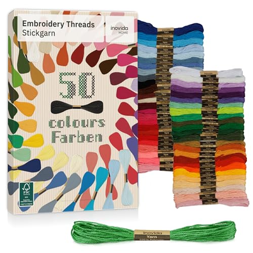 Stickgarn Set 50 Farben je 5 Meter – Freundschaftsarmbänder selber Machen – Nähgarn Set zum Sticken, Armband knüpfen, Basteln, Armband flechten – Kreuzstich Stick – Embroidery Thread – Inovida