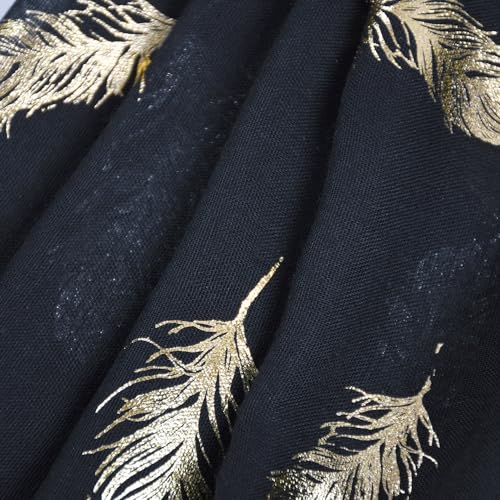 Gold Feather Print Scarf, Cotton Linen Blend Shawl, Fashion Wrap for Women, Available in Pink, Black, and Red2