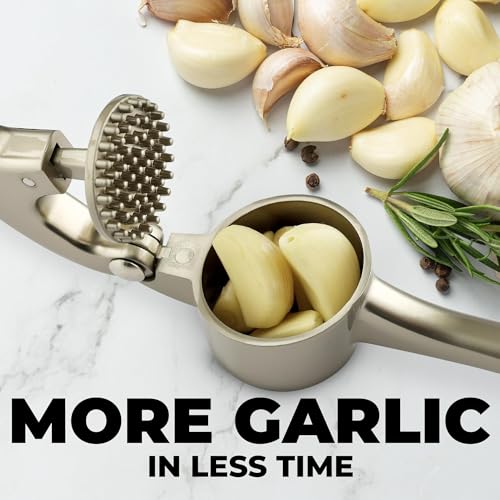 Image of Zulay Kitchen Large Premium Garlic Press Set - Bigger Bowl for Bigger Garlic - Rust Proof Garlic Mincer Tool - Easy-Squeeze, Easy-Clean Silicone Garlic Peeler & Brush (Silver)