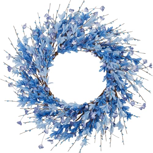 24 Inch Artificial Blue Forsythia Flower Wreath Silk & Paper Bridal Floral Wreath for Front Door Elegant Beach Nautical Themed Wedding & Spring Summer Decor All Season Farmhouse Porch Wall Decor