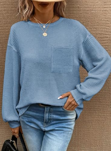 Image of Dokotoo Womens Waffle Knit Tops 2026 Oversized Long Sleeve Crewneck Shirts Business Casual Blouses Basic Shirts