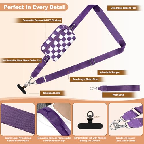 Image of YFWE Clip and Go Strap for Phone with Wallet Crossbody, Adjustable Phone Lanyard with Detachable RFID Wristlet Wallet, Phone Strap with Phone Tabs for All Phones, Purple Checkered (L)