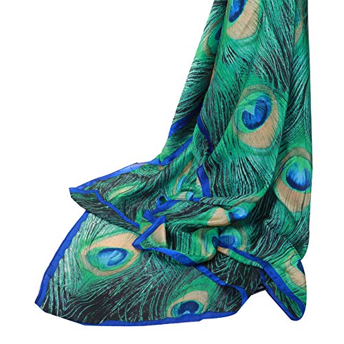 ZGMYC Women Silk Peacock Feather Print Scarf Pashmina Long Oversized Wrap Shawl Headscarf2