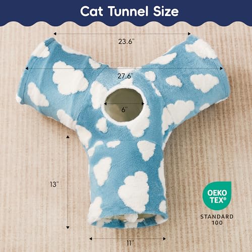Image of Tempcore Flannel Cat Tunnel for Indoor Cats, 3 Way Collapsible Pet Play Tunnel with Teaser Wand, Peek Holes & Hanging Ball, Interactive Tube for Kittens & Rabbits, Blue Cloud