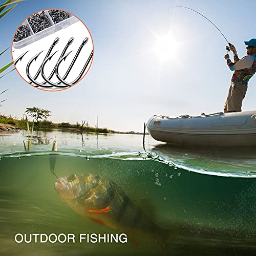 600 Stück Angelhaken, 10 Größen, Karbonstahl, Angelhaken mit Widerhaken, Meeresfischhaken mit Kunststoffboxen, Ösen… – Bild 8