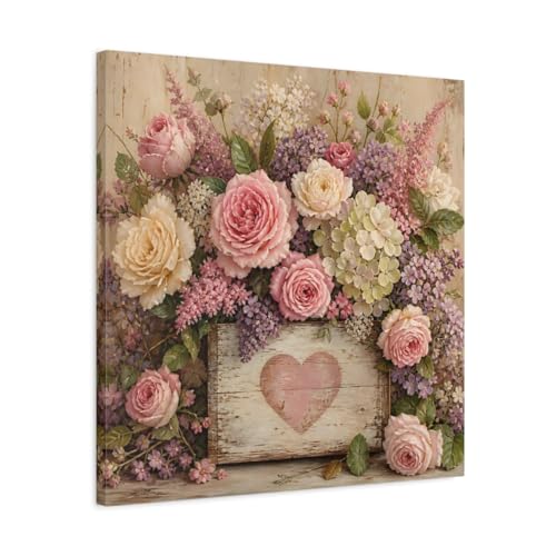 Tableau Salon Vintage Carré 60x60 Toile Canvas Imprimée Roses Rose Violet
