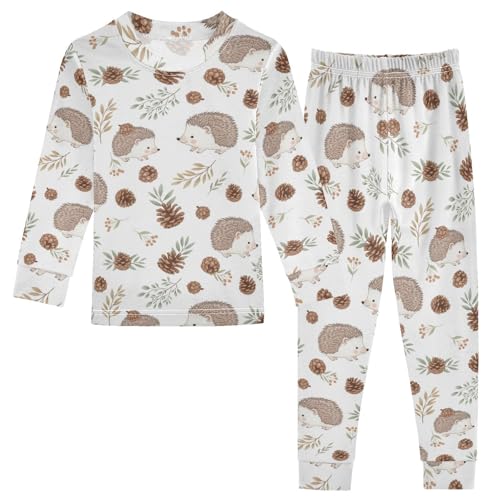 Pajama Sets Long Sleeve Hedgehog Pinecone Leaves Pattern Soft Comfy Sleepwear 2 Piece PJS 3-8T