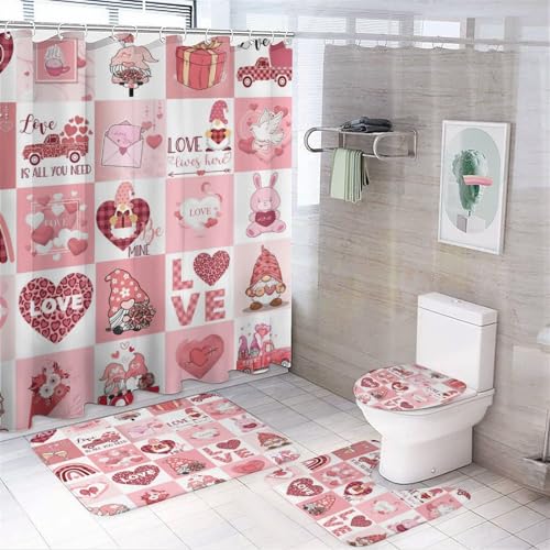 Bjq Pink Heart Bathroom Shower Curtain Sets cover