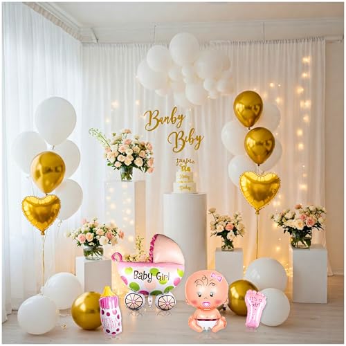 Image of 57 Pcs Welcome Baby Girl Decoration Kit | Balloons, Banner, Curtains, Foils, Stars, Hearts, Ribbon & Confetti for Baby Shower & Newborn Celebration Set 19