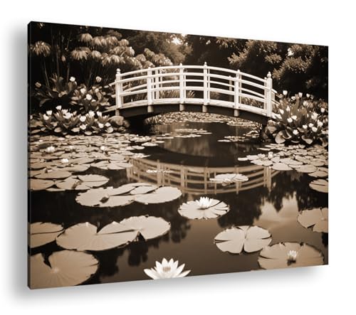 Toile pont blanc sur étang calme Deyoli décoration murale bois 100 x 70 cm
