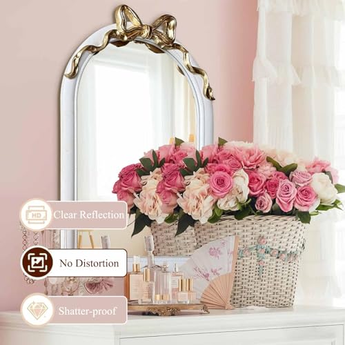 Image of 36x24 Arched White Bow Wall Mirror with Gold Ribbon, Vintage Vanity Mirror for Bedroom & Nursery Decor, Cute Coquette Aesthetic Engineered Wood Frame, Shabby Chic Style