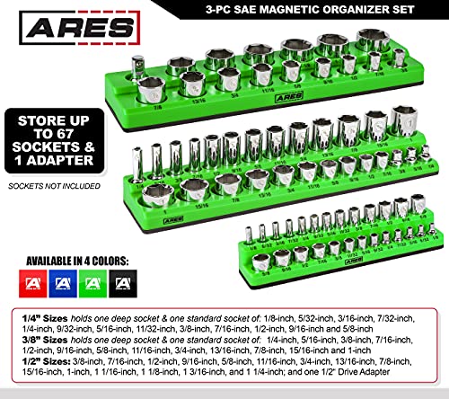 Image of ARES 60037 - 3-Piece SAE Magnetic Socket Organizers Set - GREEN - Includes 1 /4 in, 3 /8 in, 1 /2 in Socket Holders - Holds 68 Standard (Shallow) and Deep Sockets - Also Available in RED