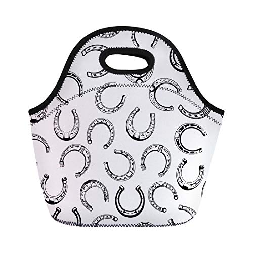 Semtomn Lunch Tote Bag Silver Horseshoes of Old Vintage for Equestrian Sport Lucky Reusable Neoprene Insulated Thermal Outdoor Picnic Lunchbox for Men Women