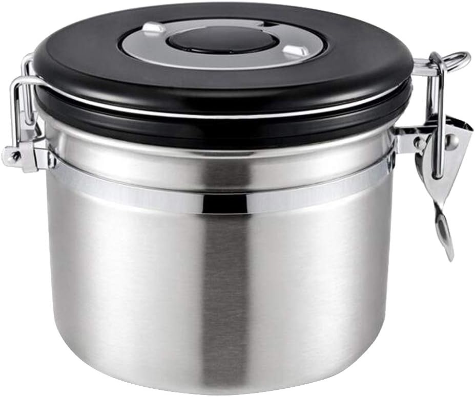 joyMerit Stainless Steel Airtight Canister with Co2 Vent Valve＆ Date Tracker Wheel and Locking Clamp for Kitchen, Coffee Ground Vault Jar, Silver, 27-ounce