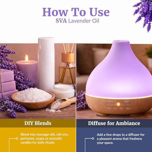 Image of SVA Lavender Essential Oil Organic - 2 Fl Oz - 100% Natural Organic Lavender Oil - for Diffuser, Hair, Face, Skin Care, Aromatherapy, Scalp and Body Massage, Soap and Candle Making - with Dropper