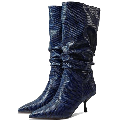 SHODENSE Women Low Kitten Heel Slouch Mid Calf Boots Pointed Closed Toe Wide Calf Western Boots Pull On 2