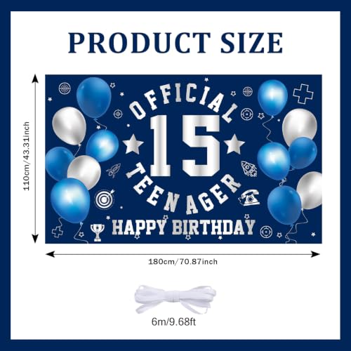 Image of 15th Birthday Decorations for Boys, Happy 15th Birthday Banner Backdrop | Large Official Teenager 15th Backdrop15 Year Old HBD Party Decorations Supplies Blue Silver