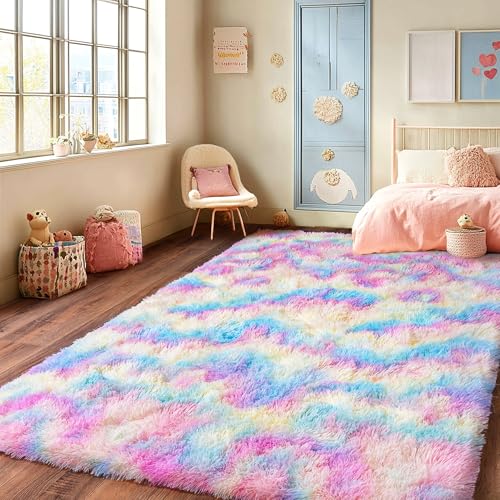 Rainbow Rug for Living Room, 9x12 Area Rug for Cute Girls Room, Bedside Indoor Floor Fluffy Shag Carpet, Plush Soft Rug for Bedroom Nursery Dorm Home Decor