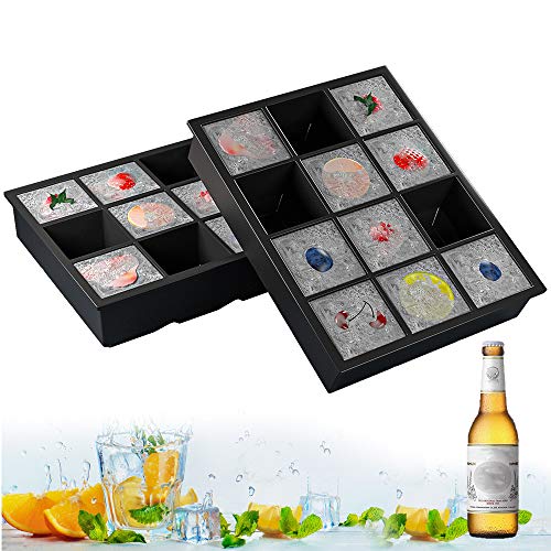 GoZheec Bandeja De Hielo De Silicona, 2 Pc Cubitera Hielo Molde para Hielos con 12 Compartimentos, Bandeja de Cubitos de Hielo para Congelarse Alimentos para Bebés, Cócteles, Cola, Whisky
