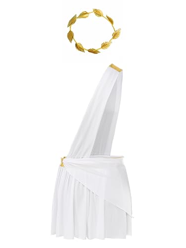 Sywiyi Men's Roman Toga Costume Halloween Ancient Greek Dress Sexy One Piece Skirt with Gold Leaves Garland Headwear - White - Small
