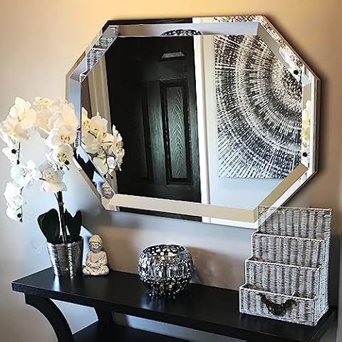 Chende Octagonal Large Decorative Wall Mirror, 24"x36" Angled Bathroom Mirror with Stainless Steel Frame, Modern Wall Decor Mirror for Elegant Living Room, Bedroom, Dining Room, Entrance Cover