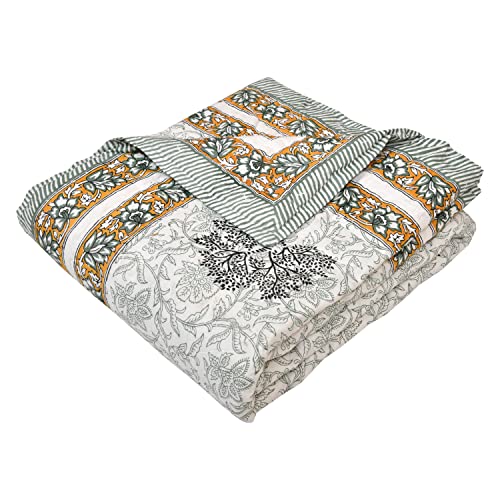 Image of BLOCKS OF INDIA Cotton Single Size Quilt Hand Block Print for Light Winters (60X90 Inches) (Green Yellow Tree), Lightweight, 300 TC