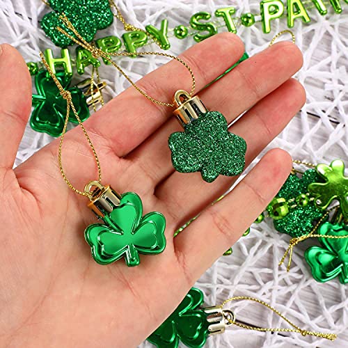 Leinuosen 24 Pieces St Patrick's Day Shamrocks Ornament for Tree Mini Clover Decorations Lucky Irish Green Trefoil Hanging Bauble for St Patricks Day Table Shelf Festival Decoration(Glossy& Glitter)