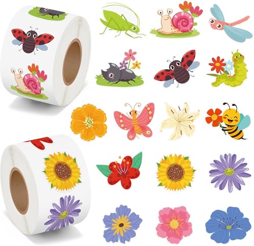 Autocollants Papillons et Fleurs, 1000pcs Autocollants Fleurs Printemps-Été, Rouleau d'Autocollants Motif Insectes, Autocollants de Fleurs, Printemps...