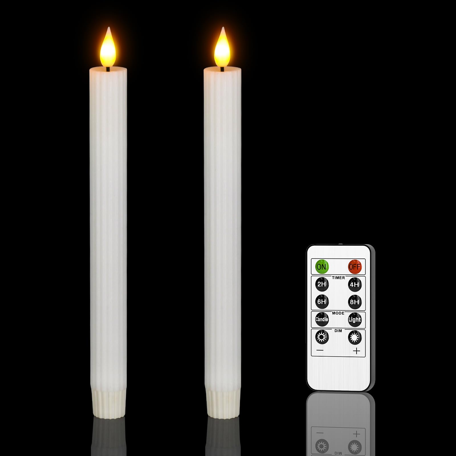 Ymenow LED Taper Candles Battery Operated, 2pcs White Real Wax Electric Flameless Fake Candles Flickering with Timer Remote for Halloween Christmas Home Dinner Window Decorations