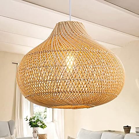 Karjearl Rattan Pendant Lights, Large Wicker Chandelier Hand-Woven Boho Pendant Light Rattan Basket Hanging Light for Dining Room Kitchen Island Living Room Cover