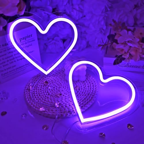 Image of SYLHOME 2 Pack Heart Purple Led Neon Light Sign Battery Operated or USB Powered Bedroom Wedding Wall Sign Decor Valentines Day Christmas Birthday Gifts USB 7.87 inch X 7.28 inch