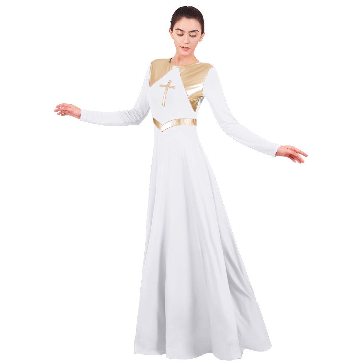 FYMNSI Femme Robe de Danse Liturgique Couleur Unie Élégante Longues Manche Plissé Lyrique Maxi Robes Culte Église Causal Liturgical Dance Dress Ballet Fête Déguisement Vêtements