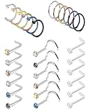 FIBO STEEL 24 Pcs 20G Stainless Steel Hoop Nose Rings Screw Stud Rings Piercing Jewelry Colored CZ...