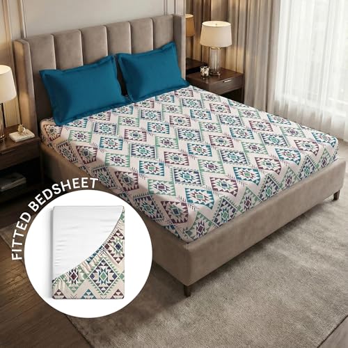 Image of MYTRIDENT Soft Comfort Bedsheet for Double Bed King Size | 72 Inches x 78 Inches + 12 Inches | 180 TC, 100% Cotton, Elastic fittedsheet with 2 Pillow Covers | Soft and Breathable - Orna