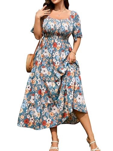 Boho Maxi Dress Women Summer Floral Dresses Plus Size Elegant Short Sleeve Square Neck Smocked Flowy A-Line Boho Wedding Guest Beach Party Long Dresses Blue Floral L