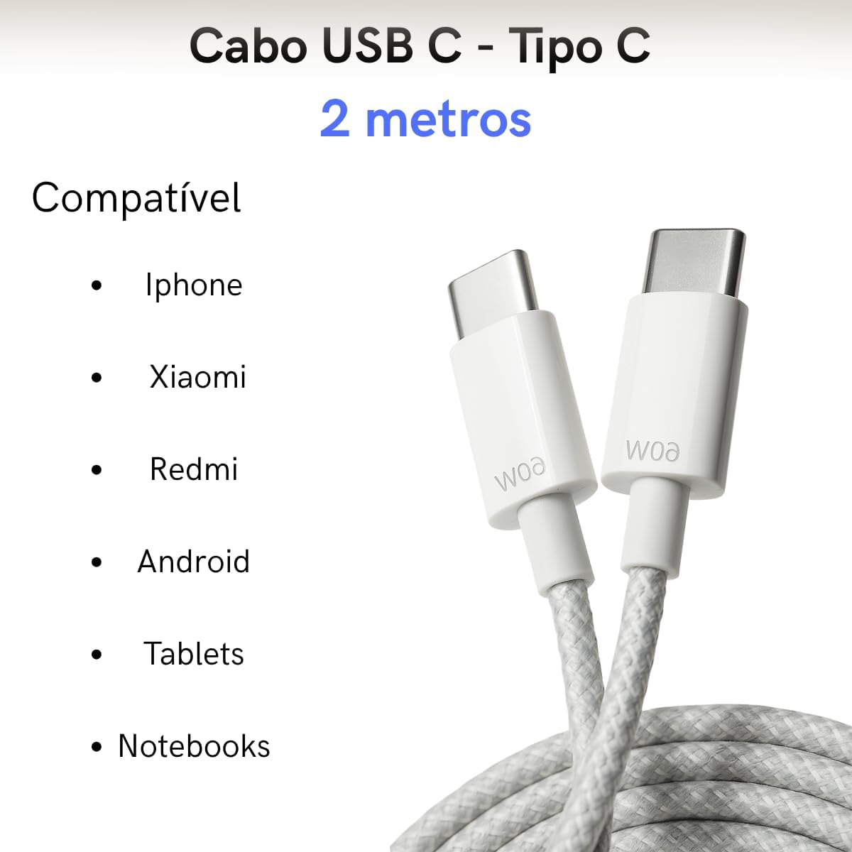 Cabo Tipo C para Tipo C 2 Metros 60W, Carregamento Rápido e Transferência de Dados, Revestimento Nylon Trançado Premium e Alta Resistência, Compátivel com iPhone 15/16, Android, Notebook