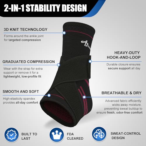 Image of ABIRAM Ankle Brace for Men & Women - Adjustable Compression Sleeve with Wrap, Stability Support & Relief for Sprained Ankle, Plantar Fasciitis & Achilles Tendonitis - Breathable Running & Sports Gear