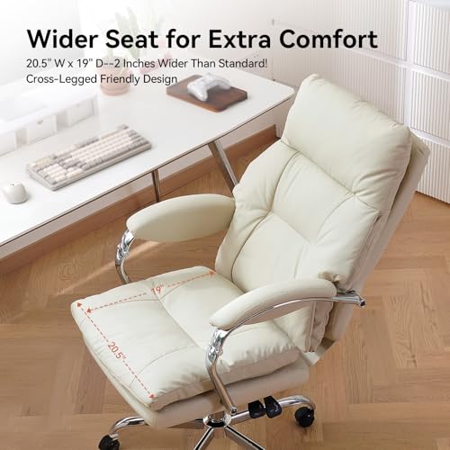 Image of LEAGOO Office Chair with Foot Rest, Ergonomic Executive Office Chair with Arms, Reclining High Back PU Leather Comfy Swivel Computer Desk Chairs with Wheels and Lumbar Support for Home Office, Cream