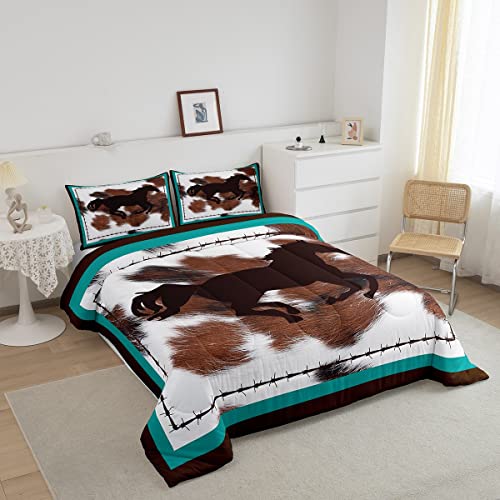 Horse Bedding Set Comforter Set Rustic Western Cowboy Cowhide Print Comforter Cover For Boys Girls Bedroom Decor Retro Farmhouse Horse Teal Blue Brown Duvet Set Queen Size With 2 Pillow Case #TOP1