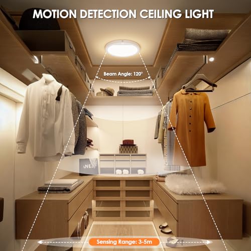 Rechargeable Motion Sensor Ceiling Light, LED Ceiling Lights with Remote, 5000mAh Battery, 3 Colour & Dimmable 10%-100%, Wireless Mount Sensor Lights for Hallway, Garage, Stairs - Image 2