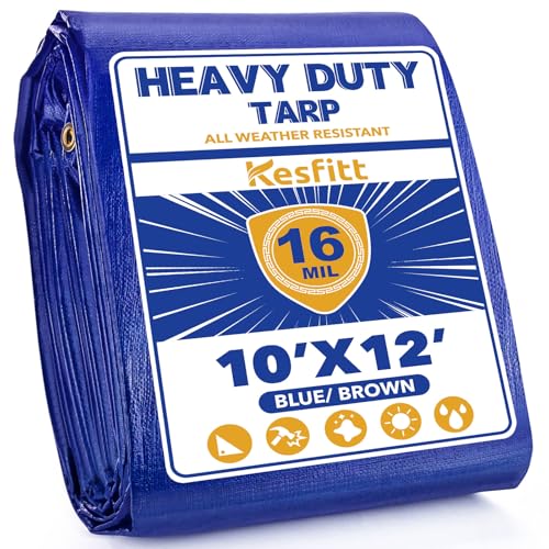 Image of Kesfitt Tarp Heavy Duty Waterproof 10x12FT,16 Mil Thick Tarps Tear&Fade Resistant,UV Resistant,Poly Tarp Cover with Grommets and Reinforced Edges for Outdoor Camping Pools Boat Car(Blue /Brown)