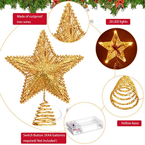 Aoriher 20 Light 10 Inches Christmas Star Tree Toppers Battery Operated Tree Topper with 20 Mini LED Lights for Christmas Holiday Seasonal Decoration (Gold)