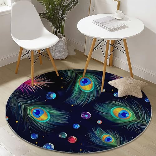 Alfombra Redonda de Salon Animales Lujo Estampada Alfombra Lavable de Habitacion, Azul Plumas De Pavo Real Piedras Preciosas Alfombras Pelo Corto para Comedor Salón Dormitorio, 100 cm