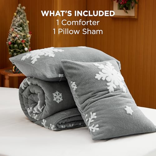 Image of Bedsure Fluffy Christmas Comforter Set Twin - Christmas Bedding with White Snowflake, Warm Fleece Bed Sets for Winter, 2 Pieces, 1 Soft Plush Shaggy Comforter with 1 Pillowcase