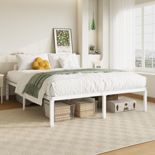 Image of Allewie Full Size Bed Frame, 14 inch Metal Platform Beds with Storage Space, No Box Spring Needed and Easy Assembly, White