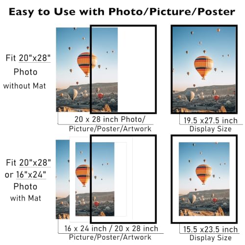 Image of JCJMY 20x28 Picture Frame with 16x24 Mat, Display Photo 16x24 with Mat or 20 x 28 Without Mat, Wall Hanging Large 20 by 28 Poster Frame with Plexiglass, Black